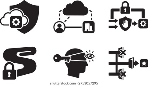 Zero Trust Network Access ZTNA Symbols for Secure Application Cloaking and Broker Mediated Access Solid Black Vector Silhouette Icon Set