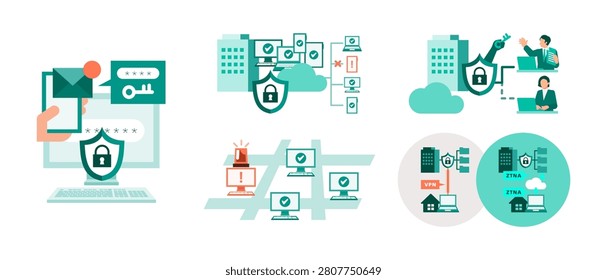 Zero trust security complete illustration set bundle featuring mfa login least privilege access control device compliance check network threat monitoring anomaly detection and secure ztna application connection vector