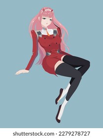 Zero Two, anime hero, Darling in the Franxx. Cute anime girl, in a red dress, in an erotic style.