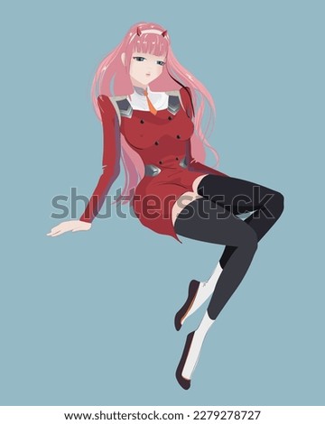 Zero Two, anime hero, Darling in the Franxx. Cute anime girl, in a red dress, in an erotic style.