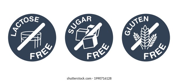 Zero Value of Lactose, Sugar, Gluten free - set of flat badges for food packaging. Decoration element for healthy natural organic nutrition