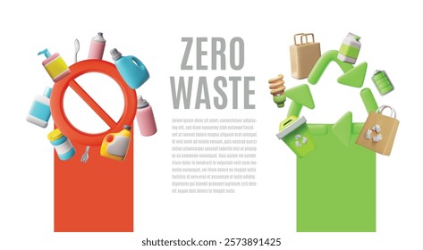 Zero waste 3D cartoon banner vector design. Green recycle sign and red stop sign. Environment conservation concept. Eco friendly sustainable consuming. Recycle and reuse, reduce - ecological lifestyle