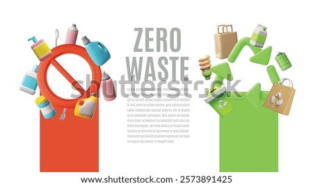 Zero waste 3D cartoon banner vector design. Green recycle sign and red stop sign. Environment conservation concept. Eco friendly sustainable consuming. Recycle and reuse, reduce - ecological lifestyle