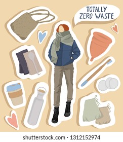 Zero waste activist girl. Elements of zero waste life and positive hand drawn lettering.