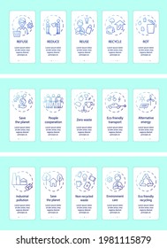 Zero waste app page screen with concepts collection. Refuse, reduce, reuse, recycle, rot ideas. Save the planet walkthrough 5 steps graphic tasks set. Go green tasks. Environment care instructions