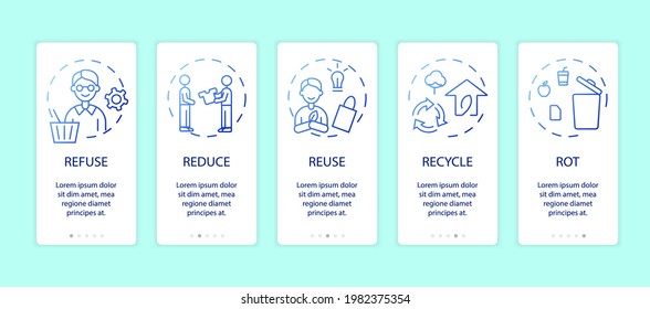 Zero waste app page screen with concepts. Refuse, reduce, reuse, recycle, rot ideas. Save the planet walkthrough 5 steps graphic tasks. Go green tasks. Environment care instructions