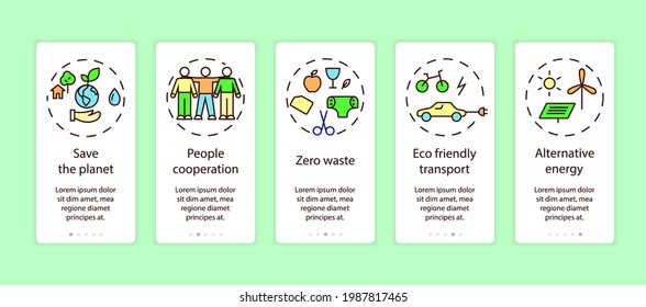 Zero waste app page screen with concepts. Refuse, reduce, reuse, recycle, rot ideas. Save the planet walkthrough 5 steps graphic tasks. Go green tasks. Environment care instructions