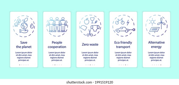 Zero waste app page screen with concepts. Save the planet walkthrough 5 steps graphic tasks. Go green tasks. Environment care instructions