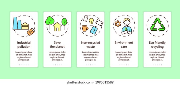 Zero waste app page screen with concepts. Save the planet walkthrough 5 steps graphic tasks