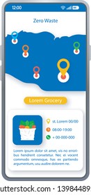 Zero waste app smartphone interface vector template. Mobile app page white design layout. Ecology care screen. Flat UI for waste free lifestyle application. Grocery location phone display