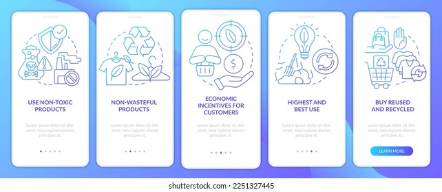 Zero waste approaches for business blue gradient onboarding mobile app screen. Walkthrough 5 steps graphic instructions with linear concepts. UI, UX, GUI template. Myriad Pro-Bold, Regular fonts used