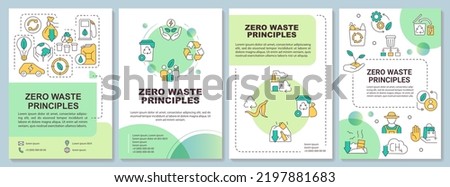 Zero waste approaches green brochure template. Waste management. Leaflet design with linear icons. Editable 4 vector layouts for presentation, annual reports. Arial-Bold, Myriad Pro-Regular fonts used