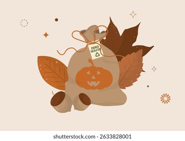 Zero Waste Autumn Halloween, Eco-Friendly Concept. Sustainable fall decoration. Eco-conscious Halloween with zero waste trick-or-treat bag. Happy halloween concept. Flat style. Vector illustration