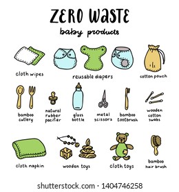 Zero waste. Baby products set. Vector illustration.