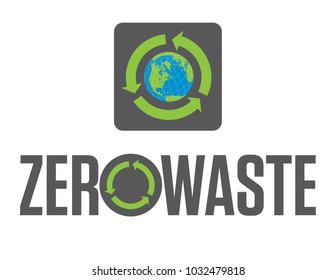 Zero Waste Badge or Emblem Vector Design.
Set of two Zero Waste graphic design elements with rotating life cycle or recycle arrows symbol and planet earth icon.