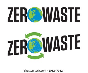 Zero Waste Badge or Emblem Vector Design.
Set of two Zero Waste graphic design elements with rotating life cycle or recycle arrows symbol and planet earth icon.