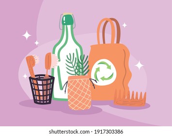 Zero waste bag bottle plant and brushes design, Save planet eco green recycle theme Vector illustration