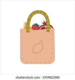 Zero waste, bag with products made natural materials isolated white background. Recycling garbage, natural products, no plastic. Vector flat design. Vector illustration. Green Planet waste recycling.