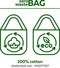 Zero waste bags. Vector icons of cotton textile bag icons. Green bag with cotton and eco-leaf line icon. Eco-friendly.