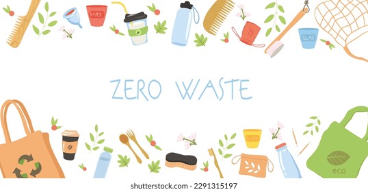 Zero waste banner. Caring for nature and environment. Recycling and reusing items and fabrics. Elements of eco friendly, no plastic. Reusable products. Cartoon flat vector illustration