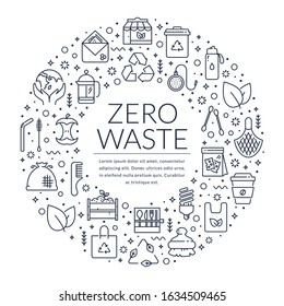 Zero waste banner with line icons and place for text. Template for recycling, reusable items, save the Planet and eco lifestyle themes. Ring shape made of outline symbols isolated on white background.