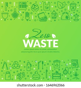 Zero waste banner with line icons isolated on green background. Recycling, reusable items, save the Planet and eco lifestyle themes. Vector template with place for text.