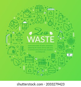 Zero waste banner with line icons and place for text. Template for recycling, reusable items, save the Planet and eco lifestyle concepts. Ring shape made of outline symbols on green background. Vector