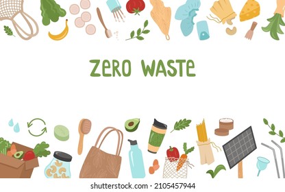 Zero Waste Banner, Poster With Elements For The Concept Of Reusable Items And Recycling. Eco-bags For Food, Vegetables, Washcloths, Water Bottles, Bags, Thermal Mugs, Shoe Covers. Vector Illustration.