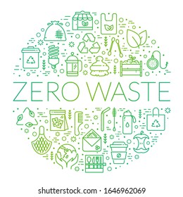 Zero waste banner. Recycling, reusable items, save the Planet, go green and eco lifestyle themes. Circle shape made of line symbols isolated on white background. Vector card.