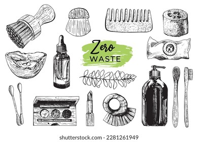 Zero waste bathroom accessories set: wooden comb, jute washcloth, bamboo toothbrush, organic soap, pumice, lipstick, loofah, Reusable eco-friendly hygiene items. Hand drawn sketch