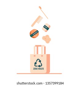 zero waste bathroom accessories (soap, shampoo bar, natural washcloth, bamboo toothbrush, wooden comb) falling into eco bag.  