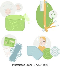 Zero waste bathroom alternatives for women hygene routine: shampoo and soap bar, bamboo toothbrush, reusable facial rounds, menstrual cup and reusable menstrual pad, bamboo q-tips. Cute vector art.