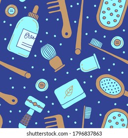 El concepto de baño de basura cero es un patrón sin fisuras en un fondo oscuro. Estilo dibujado a mano. Vector.
