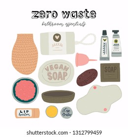 Zero waste bathroom essentials set of flat images . Reusable objects and natural cosmetics to keep environment clean and reduce pollution. Eco lifestyle product icons for shops, store, site. Vector