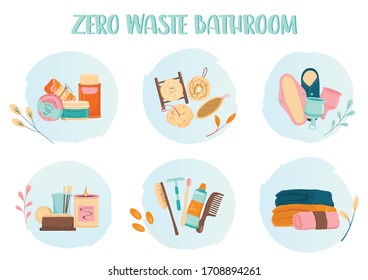 Juego de iconos de baño basura cero. Producto ecológico y herramienta para el baño. Suministros ecológicos para la higiene. Jabón y cepillo biodegradable, toalla y almohadilla resistentes. Ilustración vectorial aislada