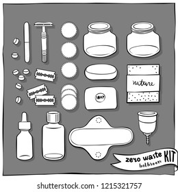 zero waste bathroom kit hand drawn black and white vector illustration isolated elements on dark background