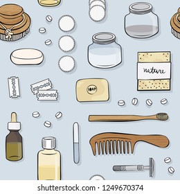 zero waste bathroom kit hand drawn colorful vector seamless pattern on blue background