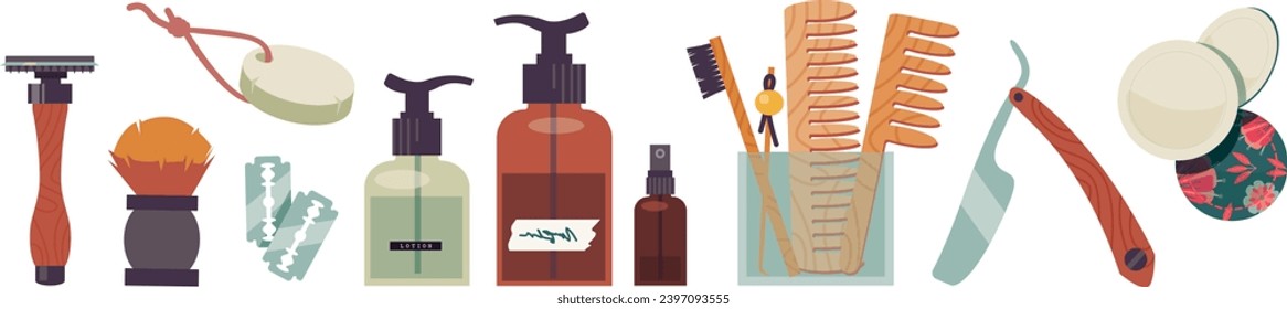 Zero waste bathroom for men. recycled packaging, bamboo toothbrush, wood, cotton, shaver blade. Vector illustration separated items.