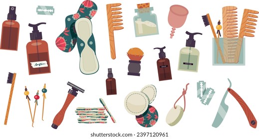 Zero waste bathroom for men and women. recycled packaging, bamboo toothbrush, wood, cotton, shaver blade, pad, sanitary napkin. Vector illustration separated items.