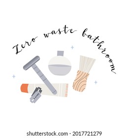 Zero waste bathroom, reusable bath product, toiletry. Eco friendly lifestyle. Shaving machine, brush, cream, lotion. Care for the environment. Vector flat cartoon illustration