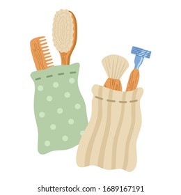 Zero waste in the bathroom, reusable personal hygiene items. Metal razor, wooden comb and brushes in coton eco bags. Vector illustration on white background. 