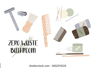 Zero waste bathroom, reusable products. Eco friendly lifestyle. Bamboo toothbrush and ear stick, reusable razor, comb, homemade soap. Care for the environment. Vector flat cartoon illustration