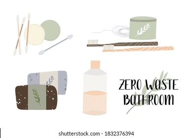 Zero waste bathroom, reusable products. Eco friendly lifestyle. Bamboo toothbrush and ear stick, homemade soap and scrub. Care for the environment. Vector flat cartoon illustration