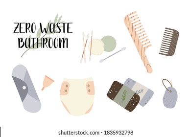 Zero Abfall Badezimmer, wiederverwendbare Produkte. Öko-freundlicher Lebensstil. Bambuskämme und Ohrstöcke, Menstruationstasse, wiederverwendbarer Taucher, 
Bimsstein, Seife. Umweltschutz. Vektorgrafik-Cartografik