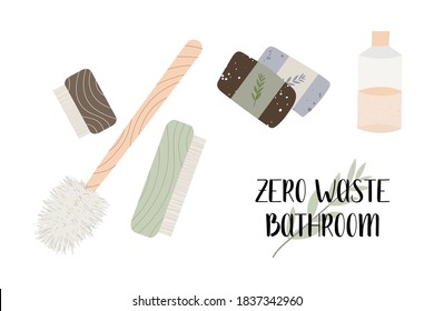 Zero waste bathroom, reusable products. Eco friendly lifestyle. Toilet reusable brush set, natural laundry soap, cleaning supplies. Care for the environment. Vector flat cartoon illustration