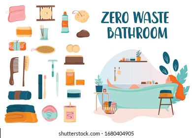 Zero waste bathroom set. Collection of eco elements for people who care about ecology. Eco friendly supplies for hygiene. Isolated vector illustration