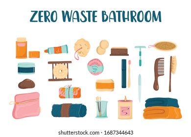 Zero waste bathroom set. Collection of eco elements for people who care about ecology. Eco friendly supplies for hygiene. Isolated vector illustration