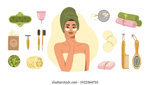 Zero waste bathroom set. Woman with shower towel, patches and eco friendly products and tools. Personal hygiene. Flat vector cartoon isolated illustration.