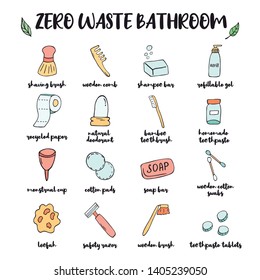 Zero waste bathroom starter, hand drawn illustration. No plastic concept, free waste. Eco set