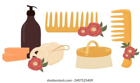 Zero waste bathroom. Vector stock illustration. Set of eco friendly lifestyle elements. Bathroom accessories, bath items, toiletry. Oral care, natural skin care. 